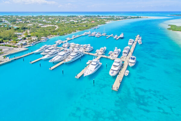 Aerial view of the floating docks and yachts at Blue Haven Marina
