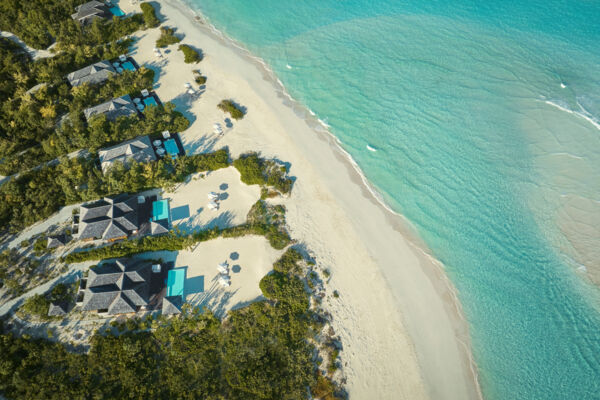 Aerial view of villa accommodations at Parrot Cay in the Turks and Caicos