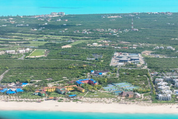 Aerial view of Club Med and the Royal Turks and Caicos Golf Club at Grace Bay, Providenciales