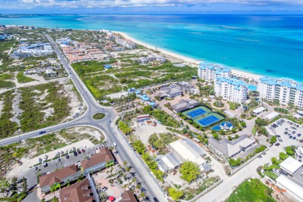 Aerial view of the shops and plazas of Grace Bay