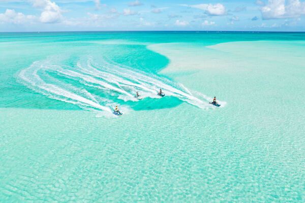 Aerial view of jet ski tour in the Caicos Cays.