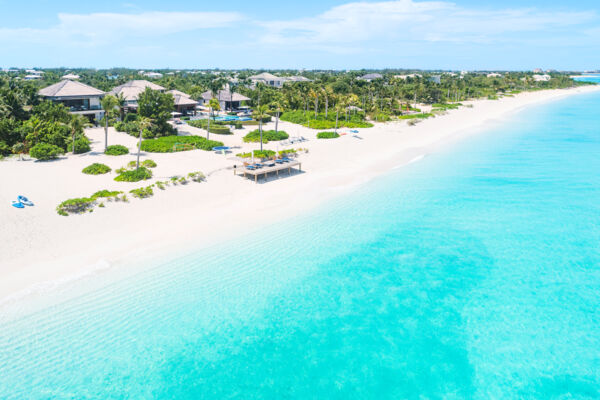 Aerial view of a beachfront villa