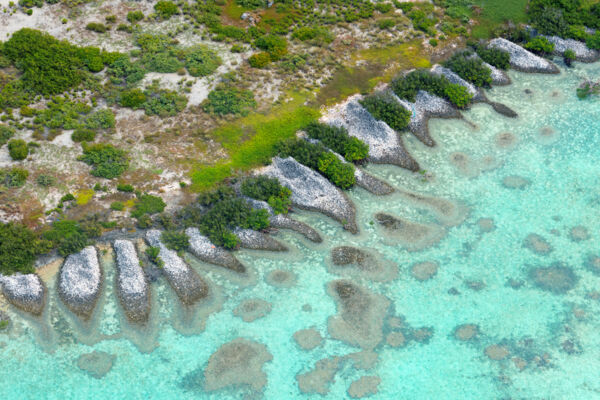 Aerial views of discarded conch shell mounds at Middleton Cay in the Turks and Caicos