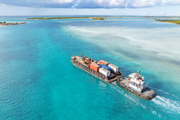 Aerial view of cargo barge in the Turks and Caicos