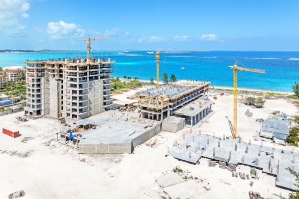 Aerial view of a resort construction site in Grace Bay