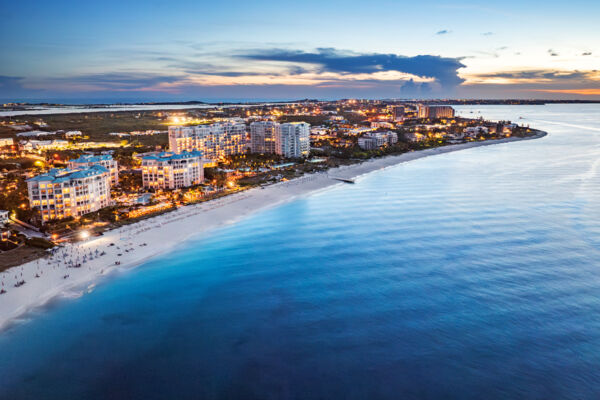Aerial view of Grace Bay at sunset.