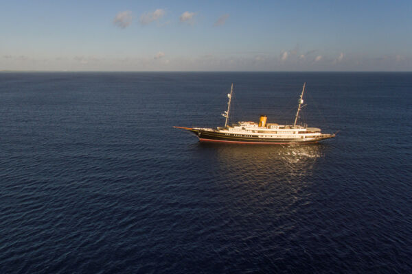 The Nero yacht moored off of Grace Bay at dawn