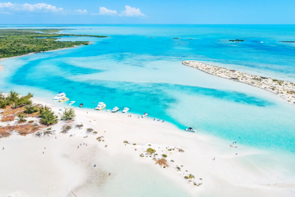 Aerial view of tour boats at Half Moon Bay in the Turks and Caicos