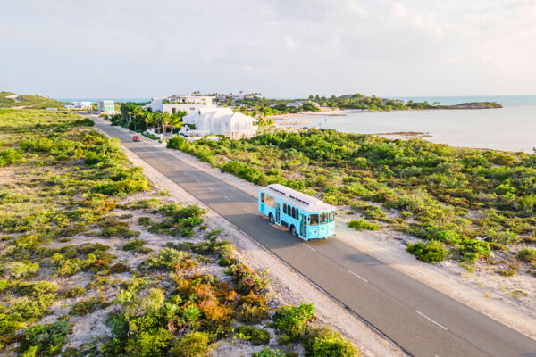 Trolley bus on a quiet road in Turks and Caicos. 