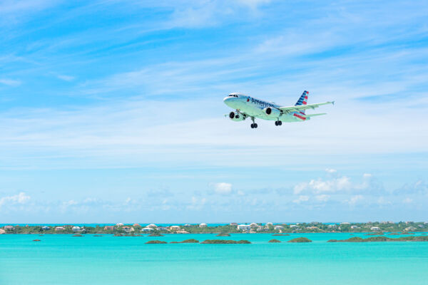 American Airlines Airbus A321 over Chalk Sound National Park.