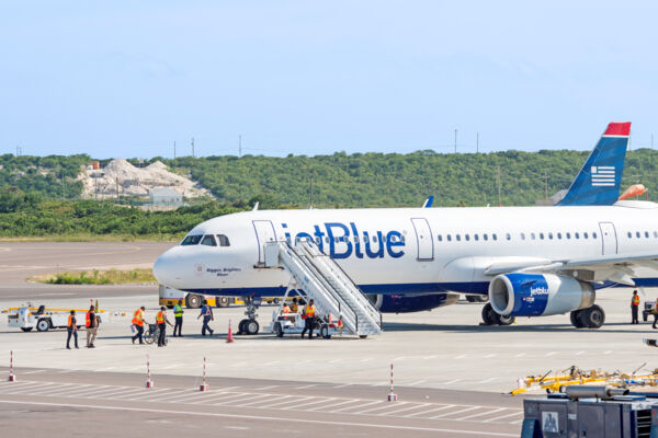 Jet Blue airplane on the tarmac at Providenciales