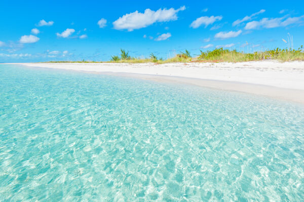 The beautiful beach on the west coast of Fort George Cay