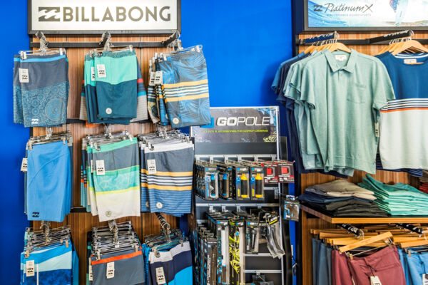 Board shorts and GoPro camera accessories at Blue Surf Shop