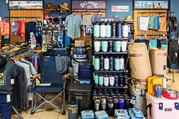 Ocean clothing and Yeti coolers in Blue Surf Shop