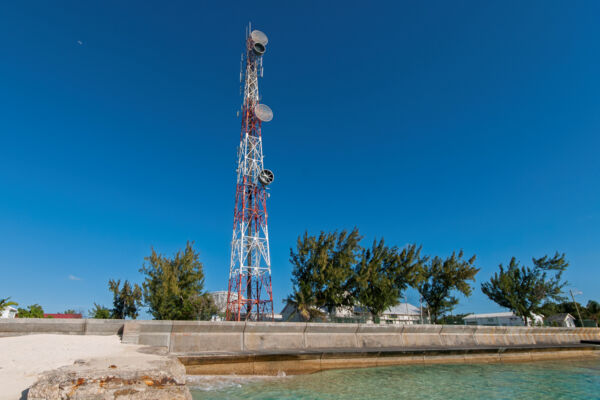 The oceanfront and cell tower at Cockburn Town on Grand Turk