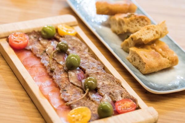 Charcuterie board and focaccia