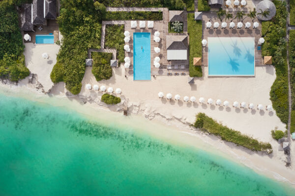 Aerial view of pools at the COMO Parrot Cay Resort