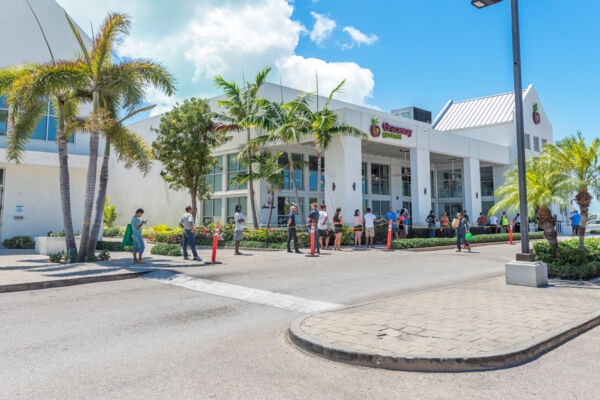 Queue spacing at a supermarket in the Turks and Caicos to reduce transmission of COVID-19