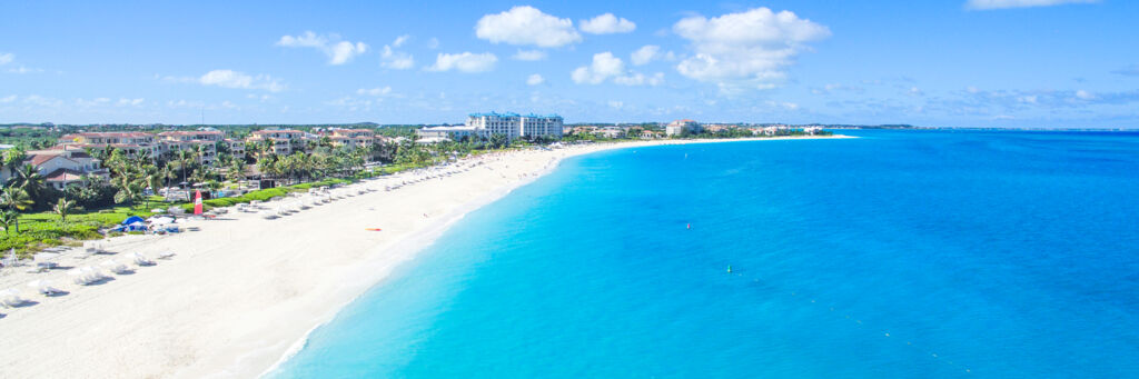 Aerial view of luxury resorts on Grace Bay Beach