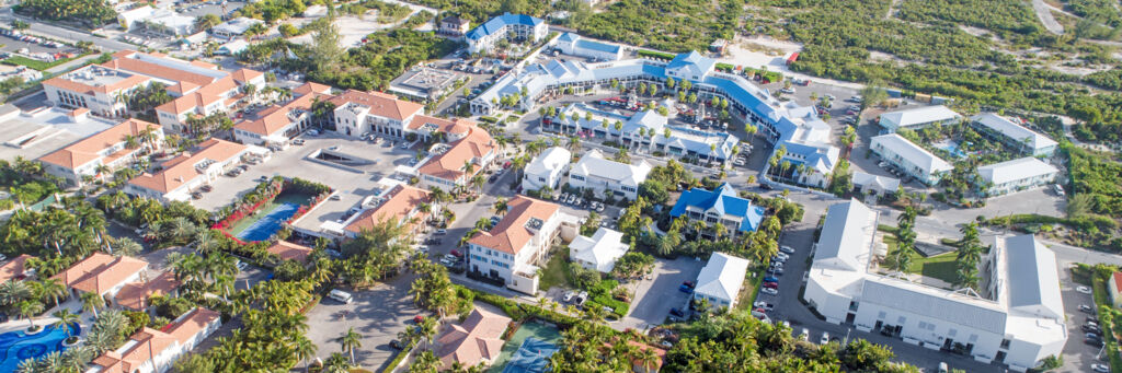 Aerial view of shopping plazas in Grace Bay