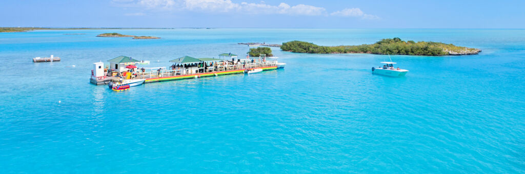 Aerial view of Noah's Ark floating bar in the Turks and Caicos and boats