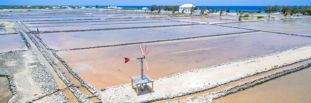 aerial view of sea salt salinas on Salt Cay in the Turks and Caicos