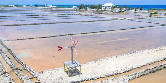 aerial view of sea salt salinas on Salt Cay in the Turks and Caicos