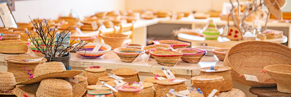 Traditional straw work baskets on display at a shop in Turks and Caicos. 