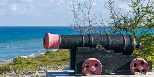 Black and red cannon on a coastal bluff on Salt Cay.