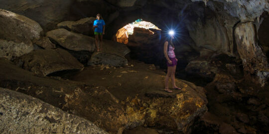 Exploring the central galleries at Conch Bar Caves on Middle Caicos