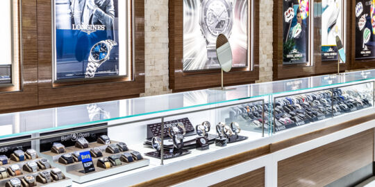 Watch cases in a jewelry store in Grace Bay