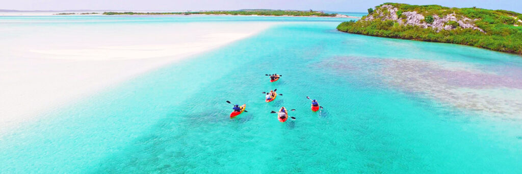 Aerial view of kayakers at Plandon Cay Cut near South Caicos in the Turks and Caicos