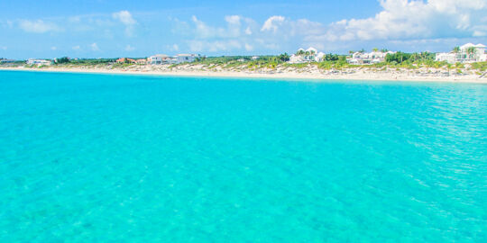 Aerial view of Long Bay Beach and vacation rental villas on Providenciales