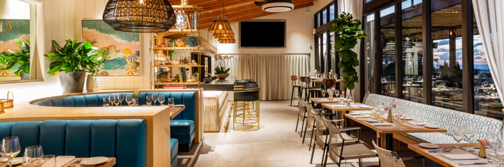 Interior of Marine Room restaurant at dusk