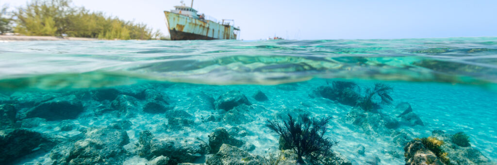 Over-under photo in the ocean at Governor's Beach with the Mega One Triton shipwreck