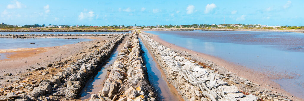Stone ocean water inlet channels in the South Caicos salinas
