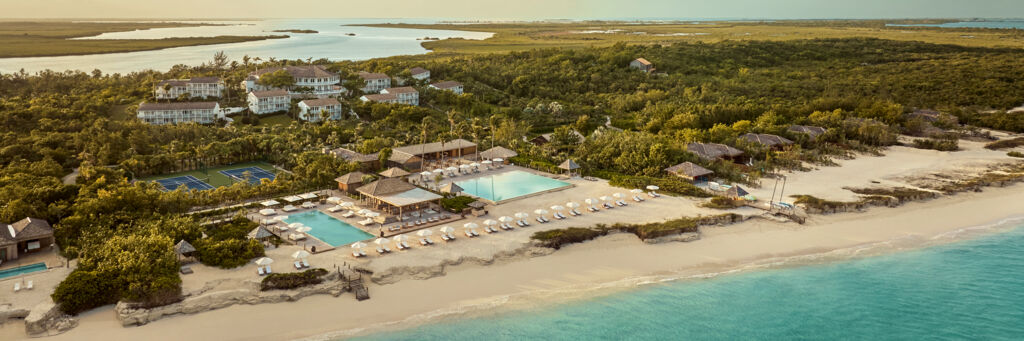 Aerial view of Parrot Cay and the COMO Parrot Cay Resort at dawn