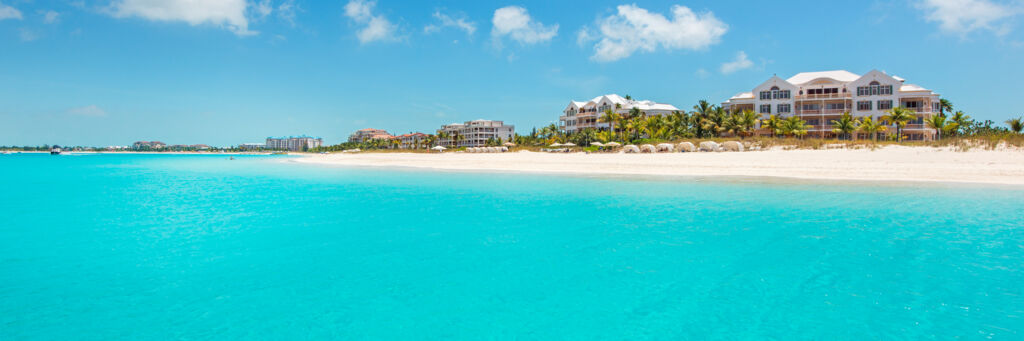 Luxury resort on Grace Bay as seen from the water