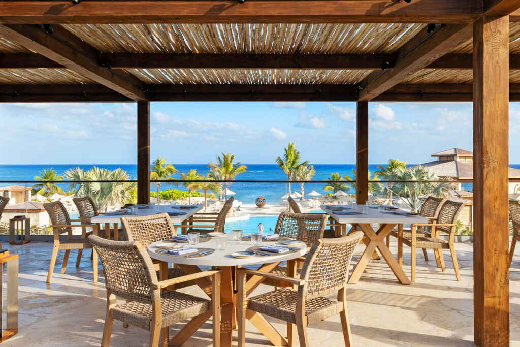 View overlooking the beach from a restaurant terrace. 