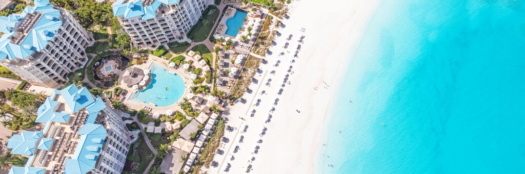 Aerial view of Grace Bay Beach and Seven Stars resort