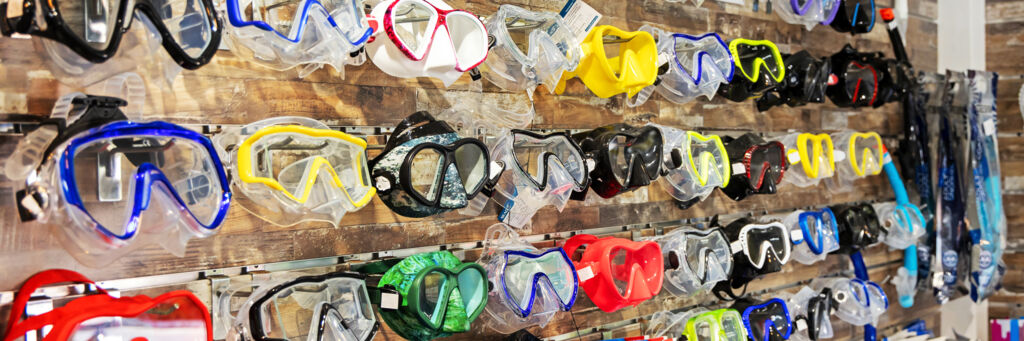 Snorkel masks in a shop