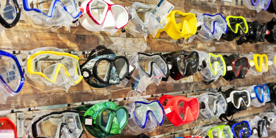 Snorkel masks in a shop