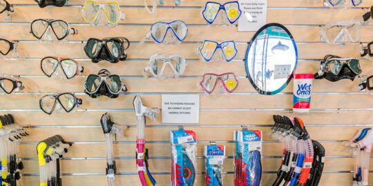 Selection of snorkel masks for sale at the Dive Provo shop in Grace Bay