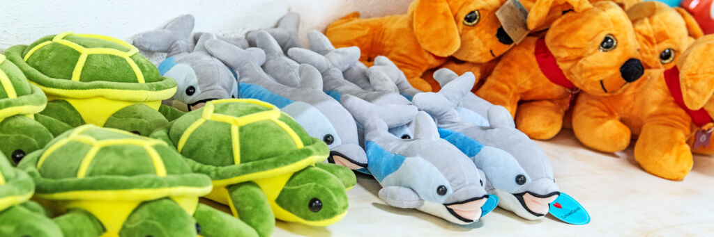 Plush turtles, dolphins, and dogs in a shop in the Turks and Caicos