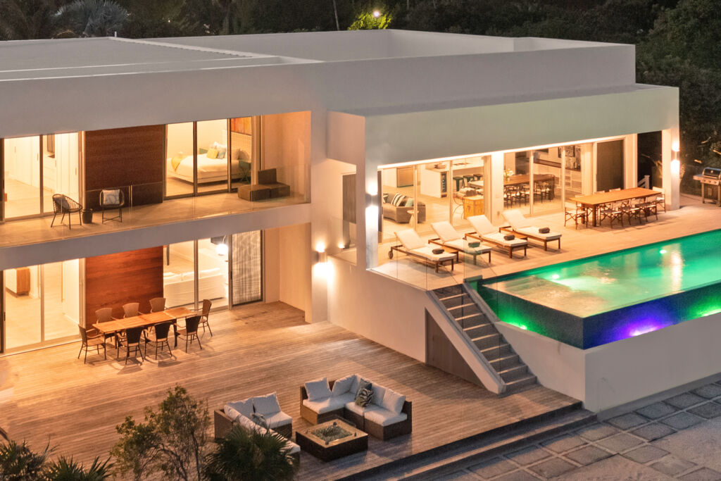 Aerial view of luxury villa in the Turks and Caicos at dusk