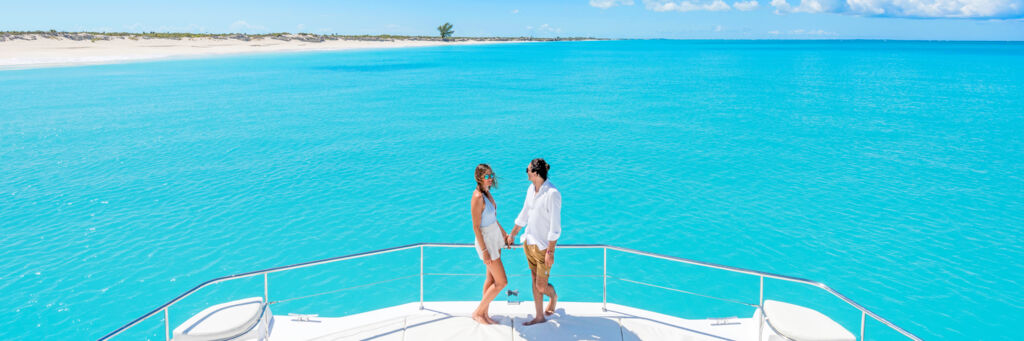 Yacht with couple in the Turks and Caicos