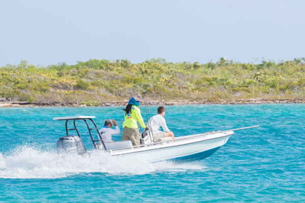 Bonefishing skiff cruising in the Turks and Caicos