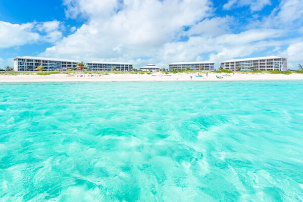 Turquoise ocean water fronting the East Bay Resort on South Caicos