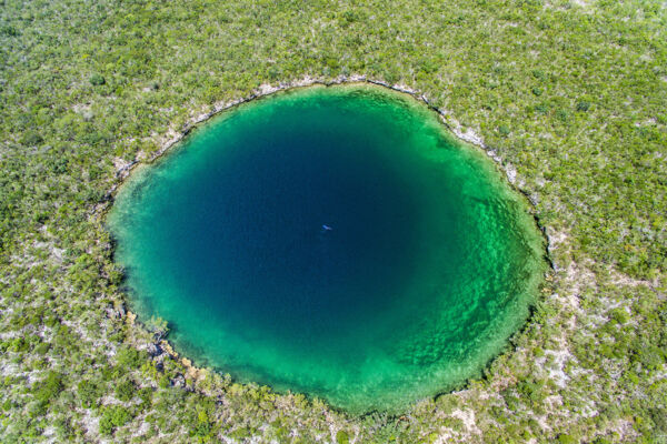 Large Karst-process blue hole in the interior of East Caicos