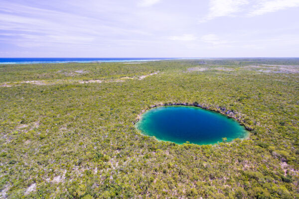 Aerial photo of giant blue hole on East Caicos